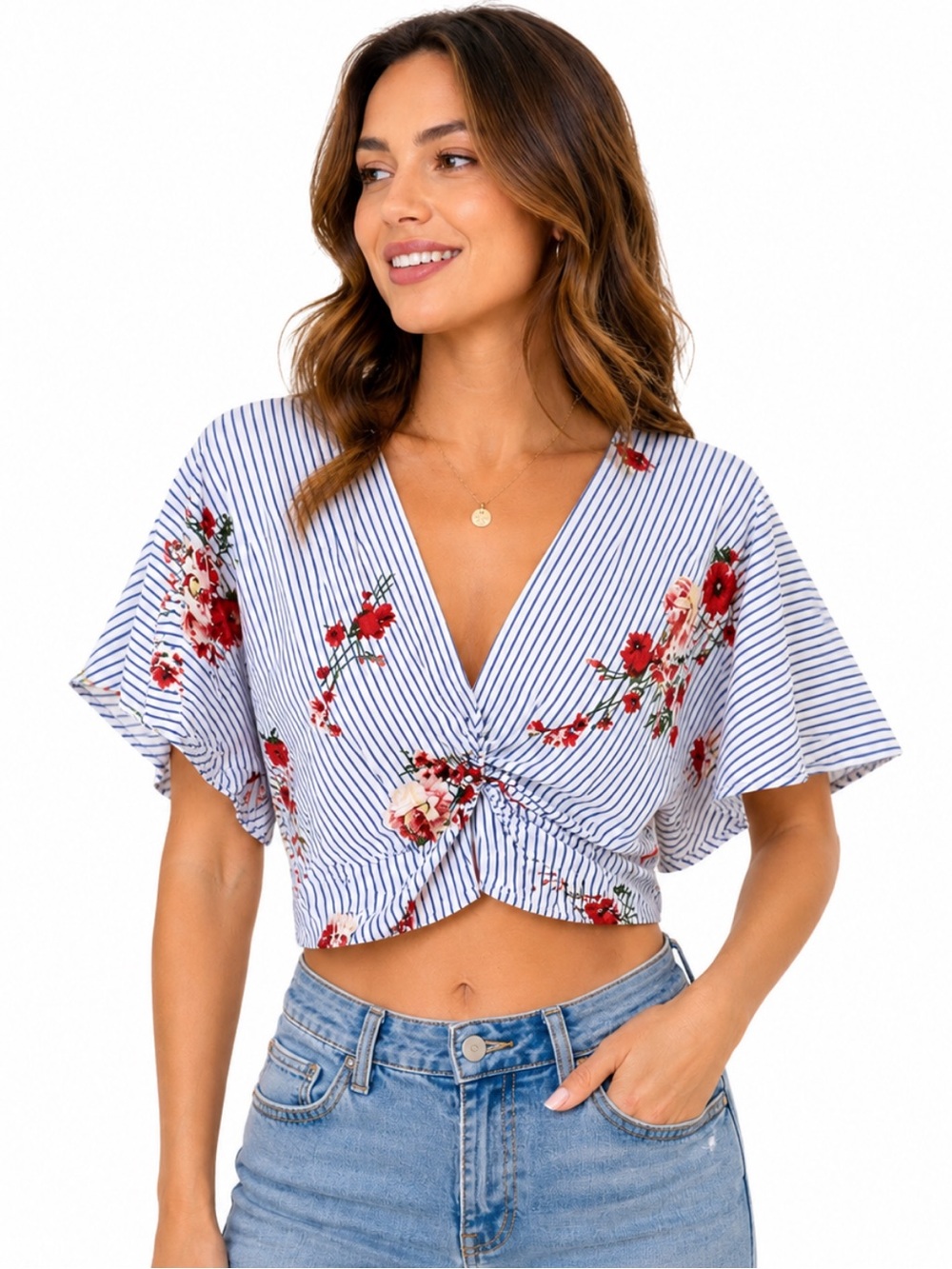 Love J Floral Wrap Crop Top Blue Striped Boho Feminine Summer — S